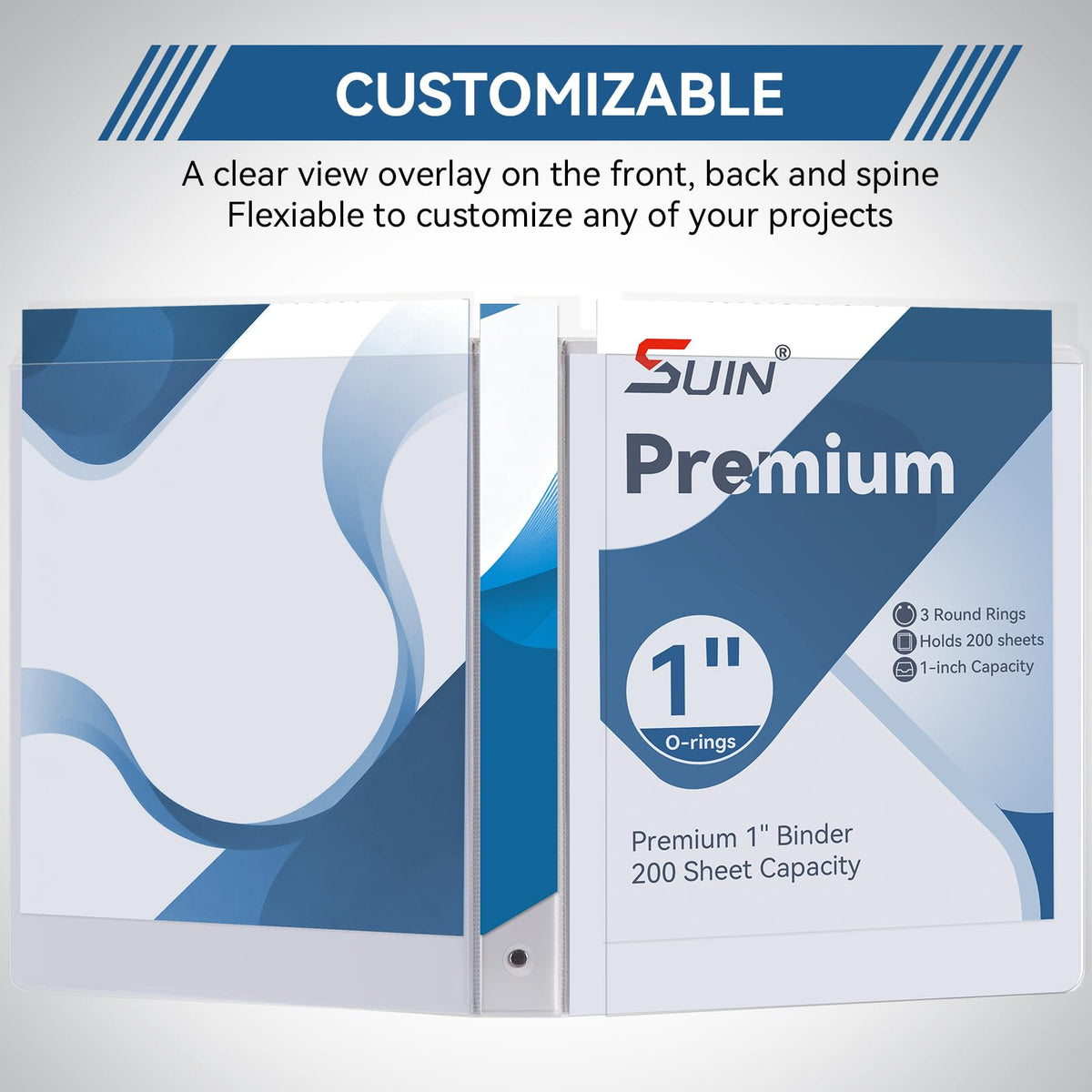 SUIN 1-inch 3 Ring Binder with 2 Pockets, Clear Customizable View Binders for US Letter Size 8.5''