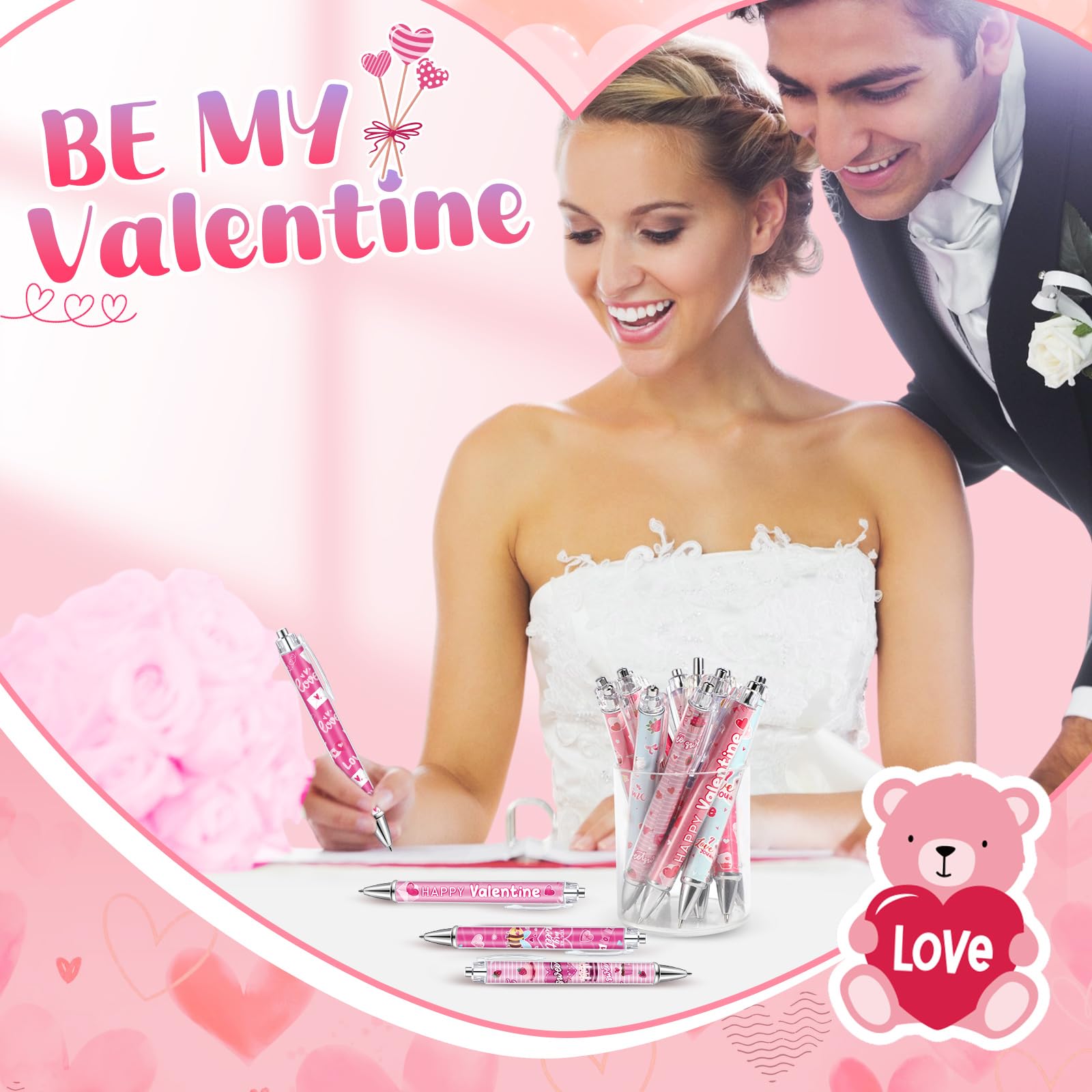 Dispowreath 48 Pcs Valentines Day Pens Bulk Valentine Gift Pen Set Heart Pens Love Gel Ink Pen Cute
