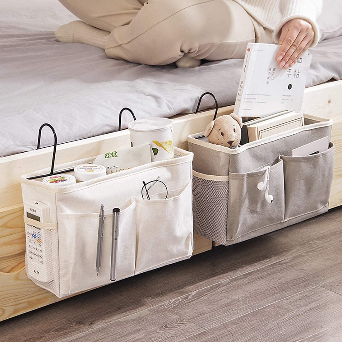"KonHaovF 2Pack Bedside Organizer Caddy Hanging with Hook, Bed Storage Pocket for Dorm Kids Room