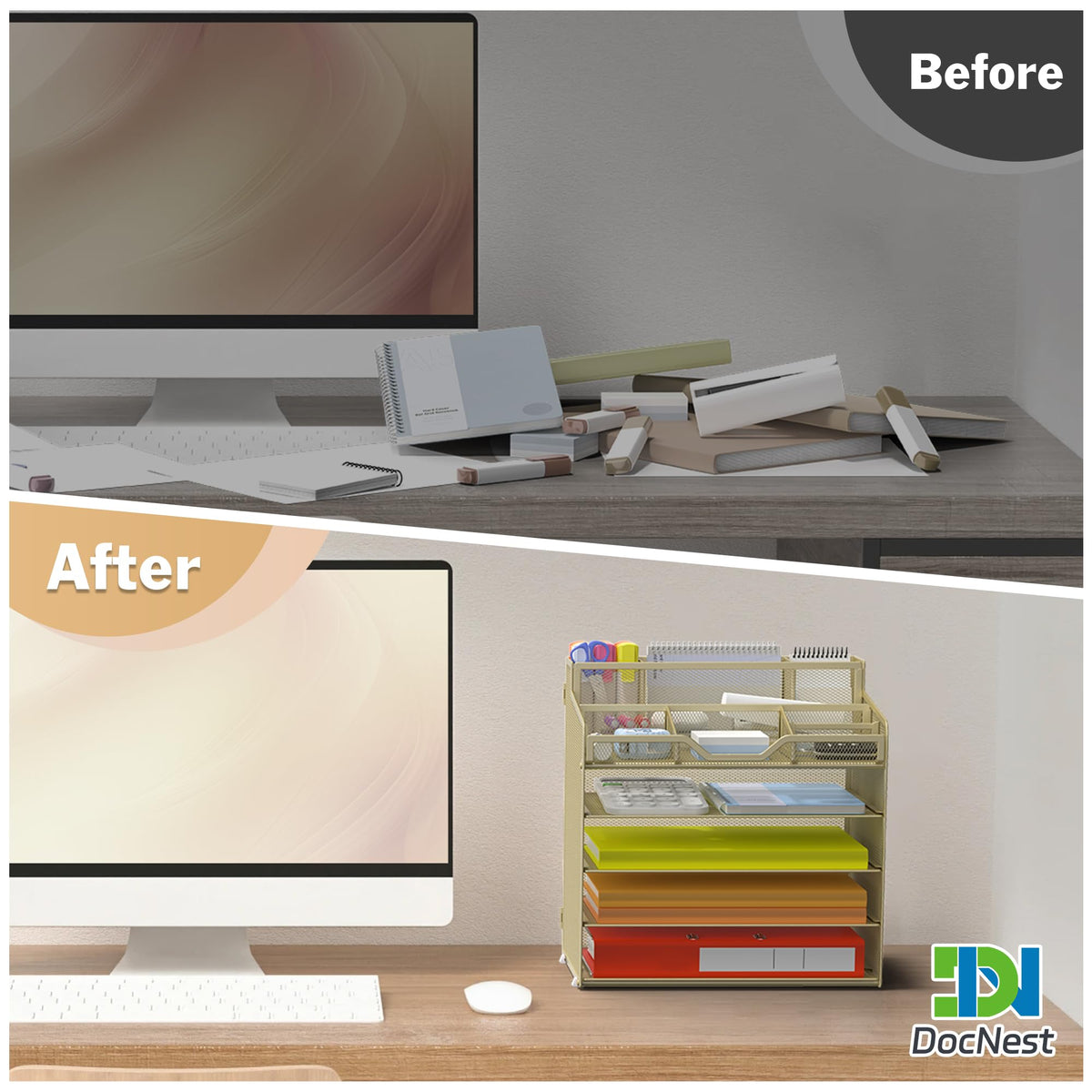 Docnest 5 Tier Mesh Desk Organizer with Letter Tray & Paper Sorter, Gold