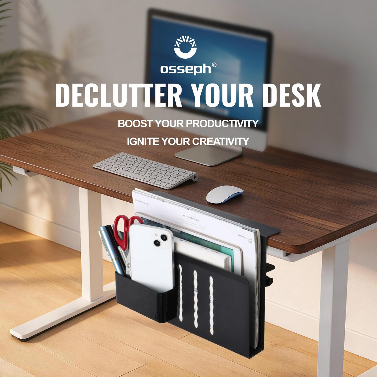 Desk Side Storage Organizer, Under Desk Laptop Holder with Magnetic Slot
