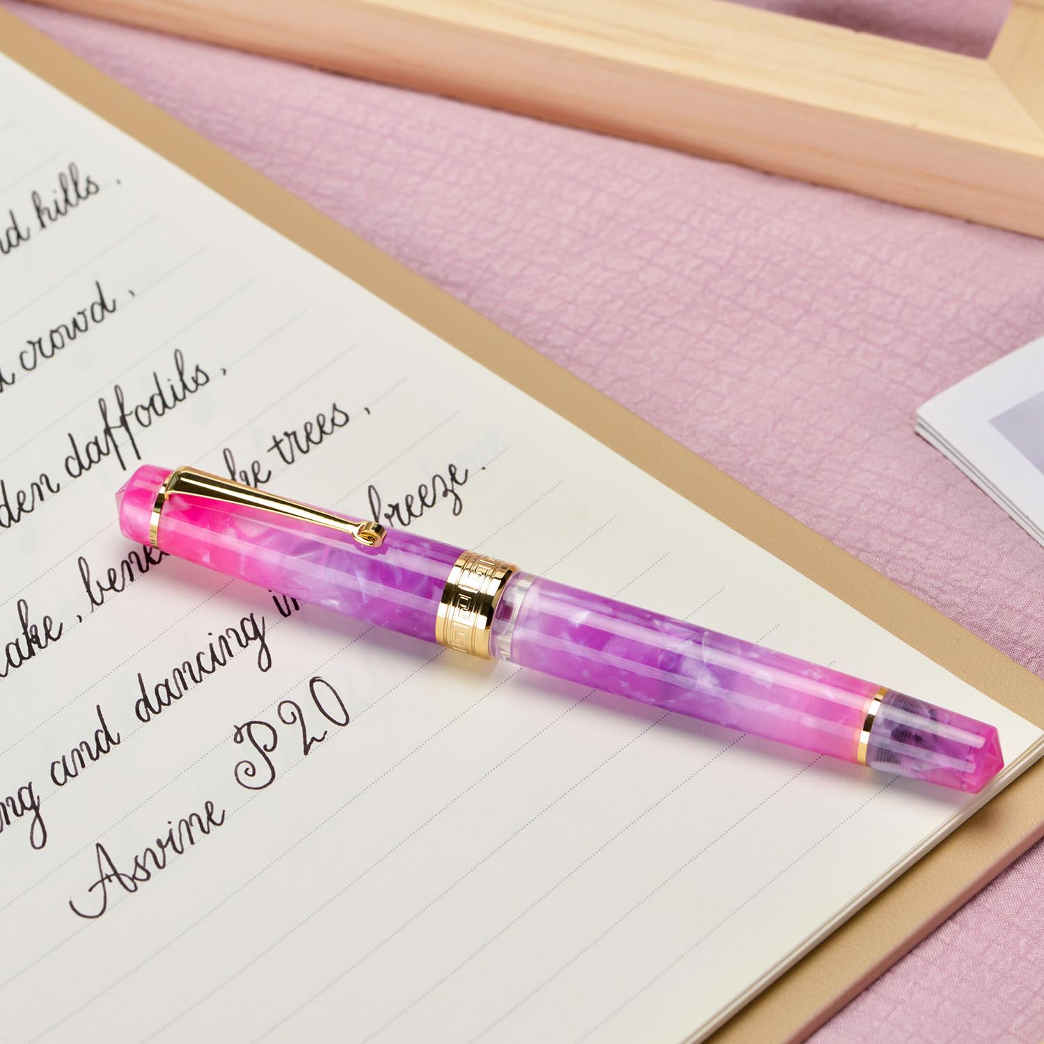 Asvine P20 Piston Fountain Pen, Stub Nib 1.1mm Calligraphy Art Drawing Gradual Purple Acrylic with