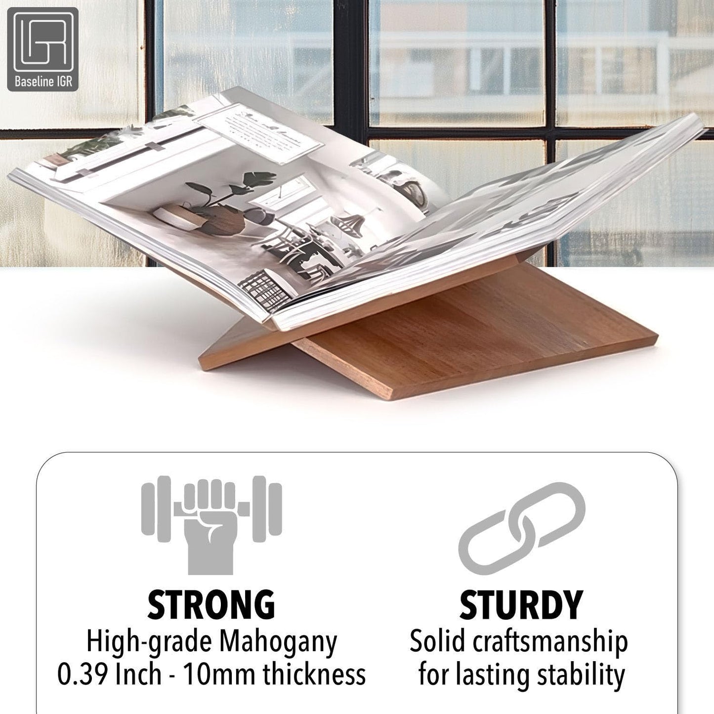 Large Wood Book Stand, 12.5" x 9.5" x 5.5”, Angled Natural Mahogany Wooden Book Holder, Open