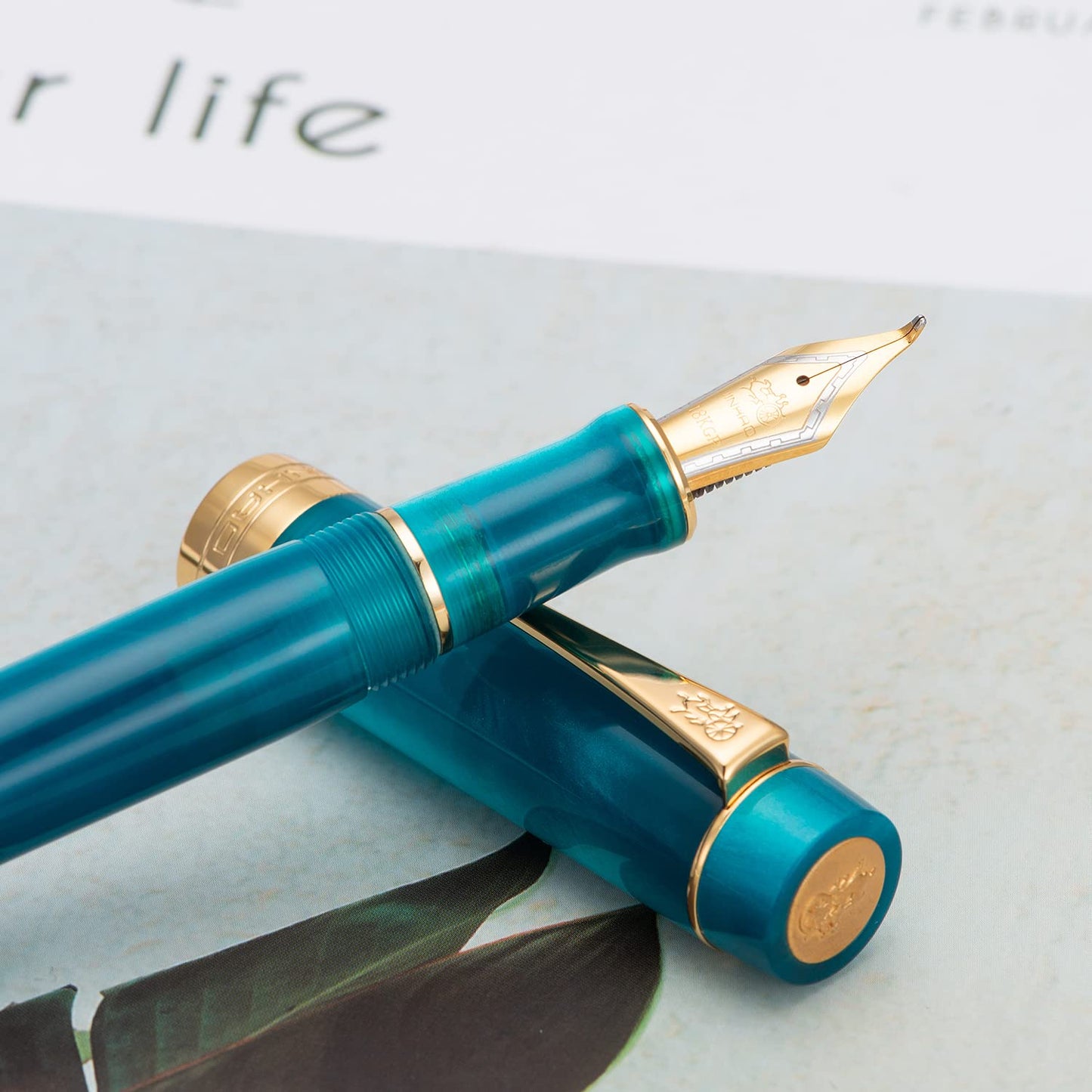 Jinhao 100 Classic Fountain Pen Bent Nib, Peacock Blue Celluloid Fude Pen Calligraphy from Fine to