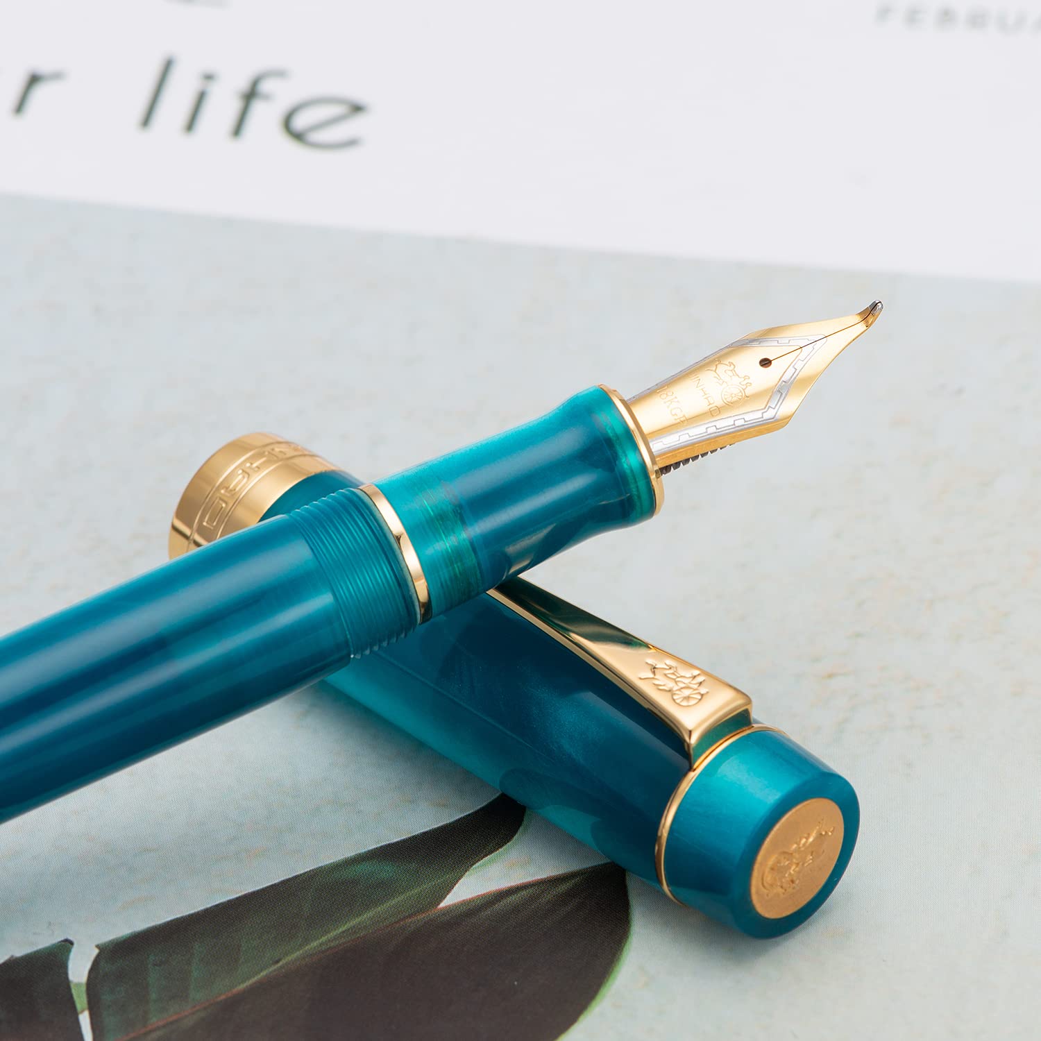 Jinhao 100 Classic Fountain Pen Bent Nib, Peacock Blue Celluloid Fude Pen Calligraphy from Fine to