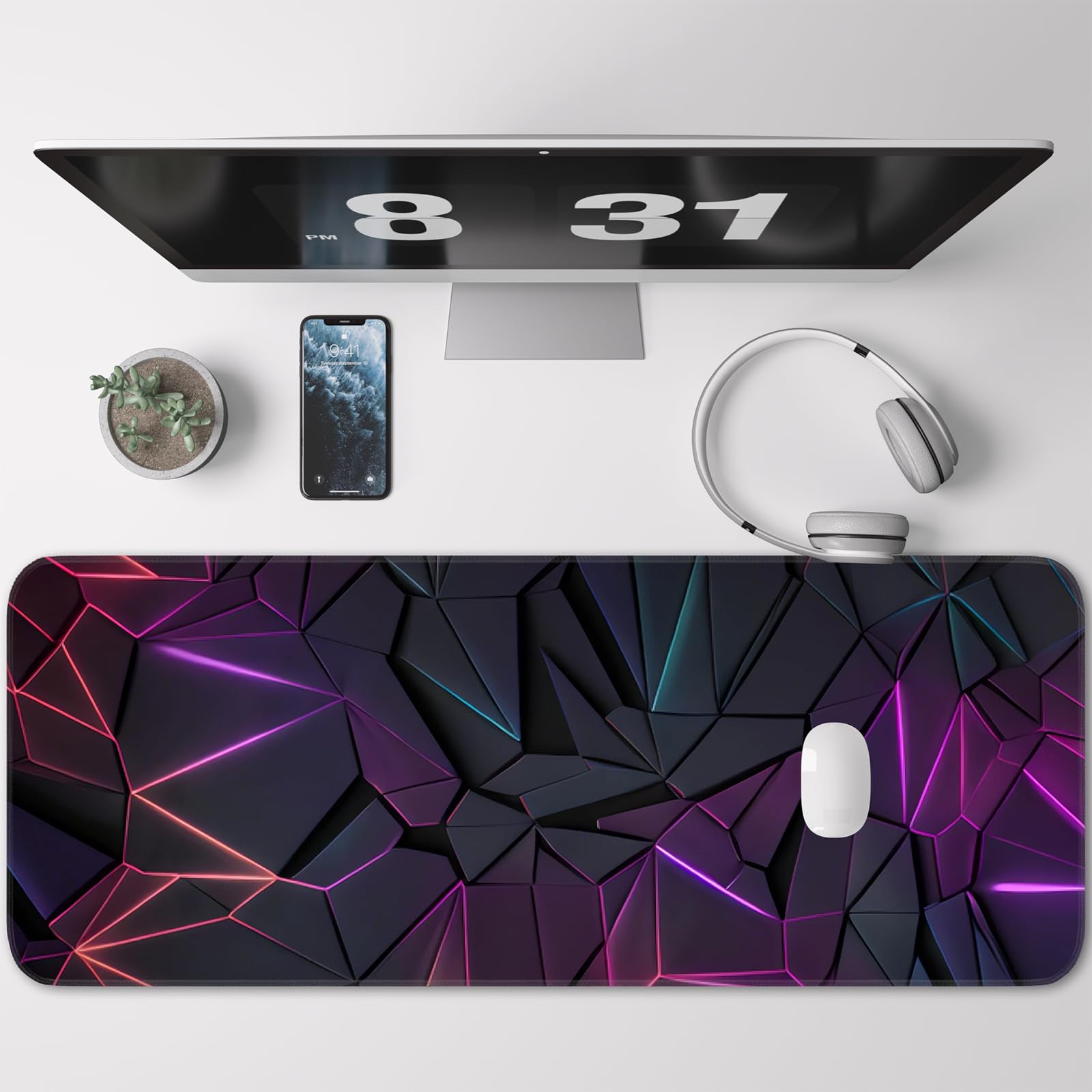 Stylish Geometric Design Gaming Mouse pad, Non-Slip Rubber Base, Stitched Edges, 31.5x11.8 inch