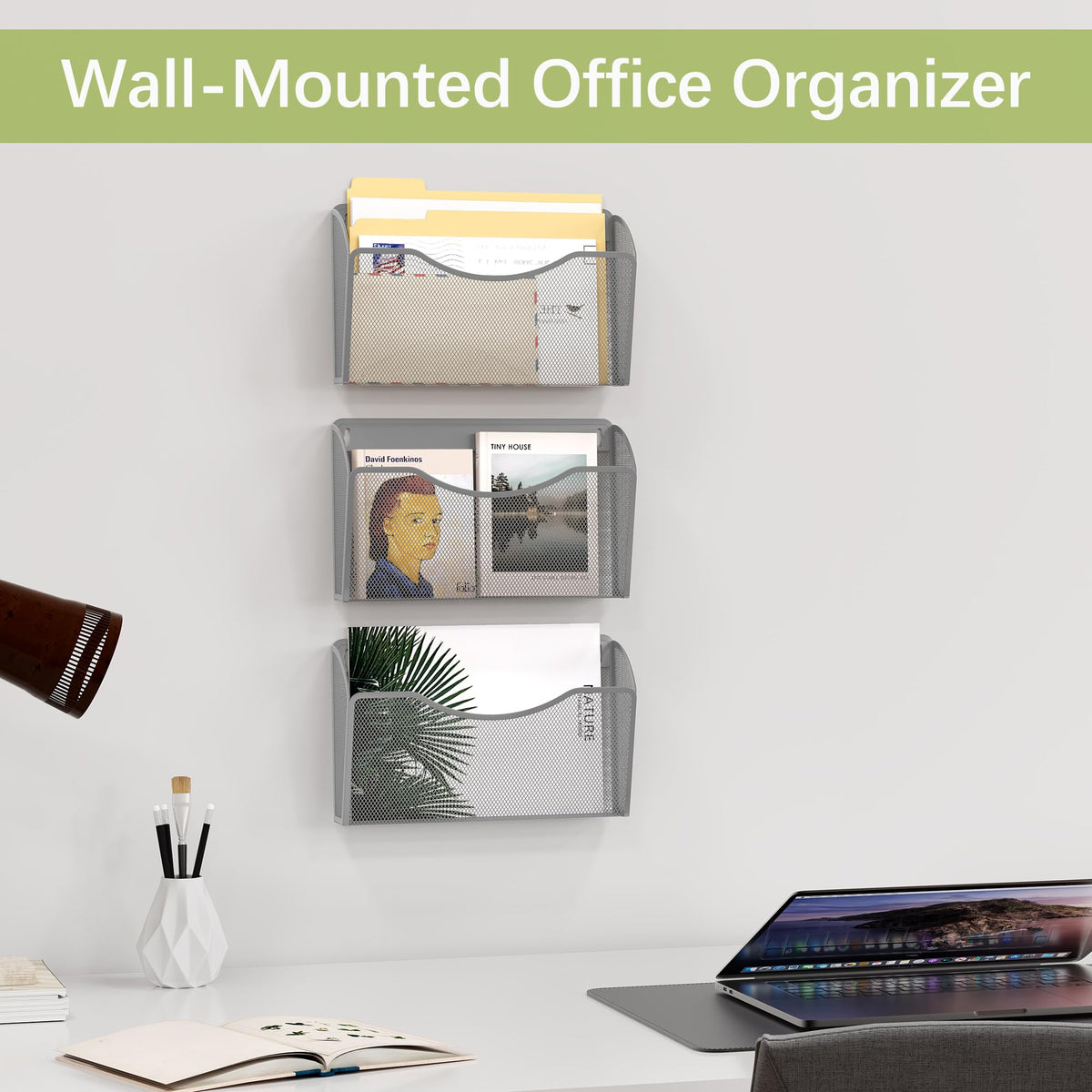 EasyPAG Wall File Organizer 3 Pack, Hanging File Organizer Wall Mount, Metal Mesh Folder Holder for