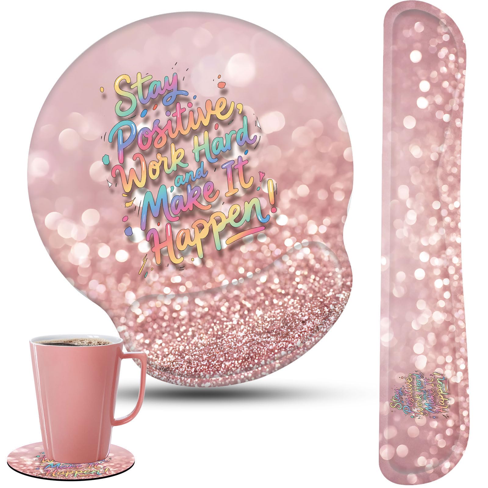 Keyboard Wrist Rest and Mouse Pad Wrist Support Set with Coasters,Stay Positive Work Hard and Make