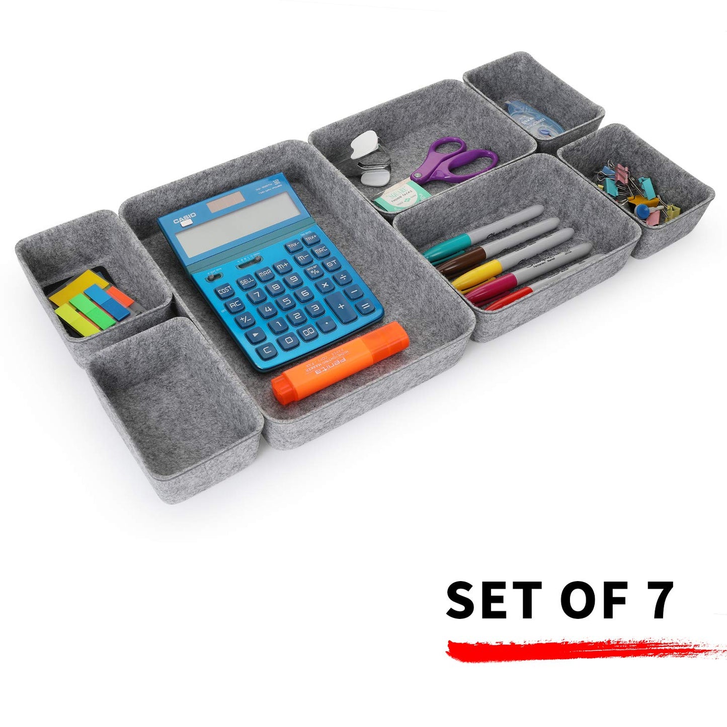 Welaxy 7pc Felt Desk Drawer Organizers Trays Gray Office Home Storage Bins