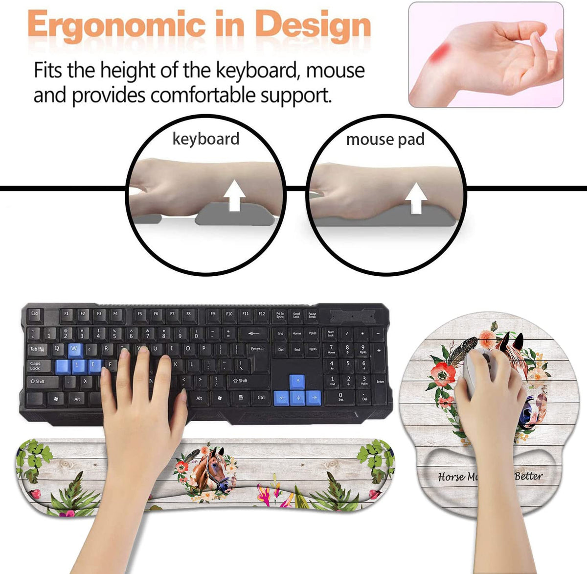 Keyboard Wrist Rest + Mouse Pad Wrist Support Set with Coasters, Non-Slip PU Base Ergonomic