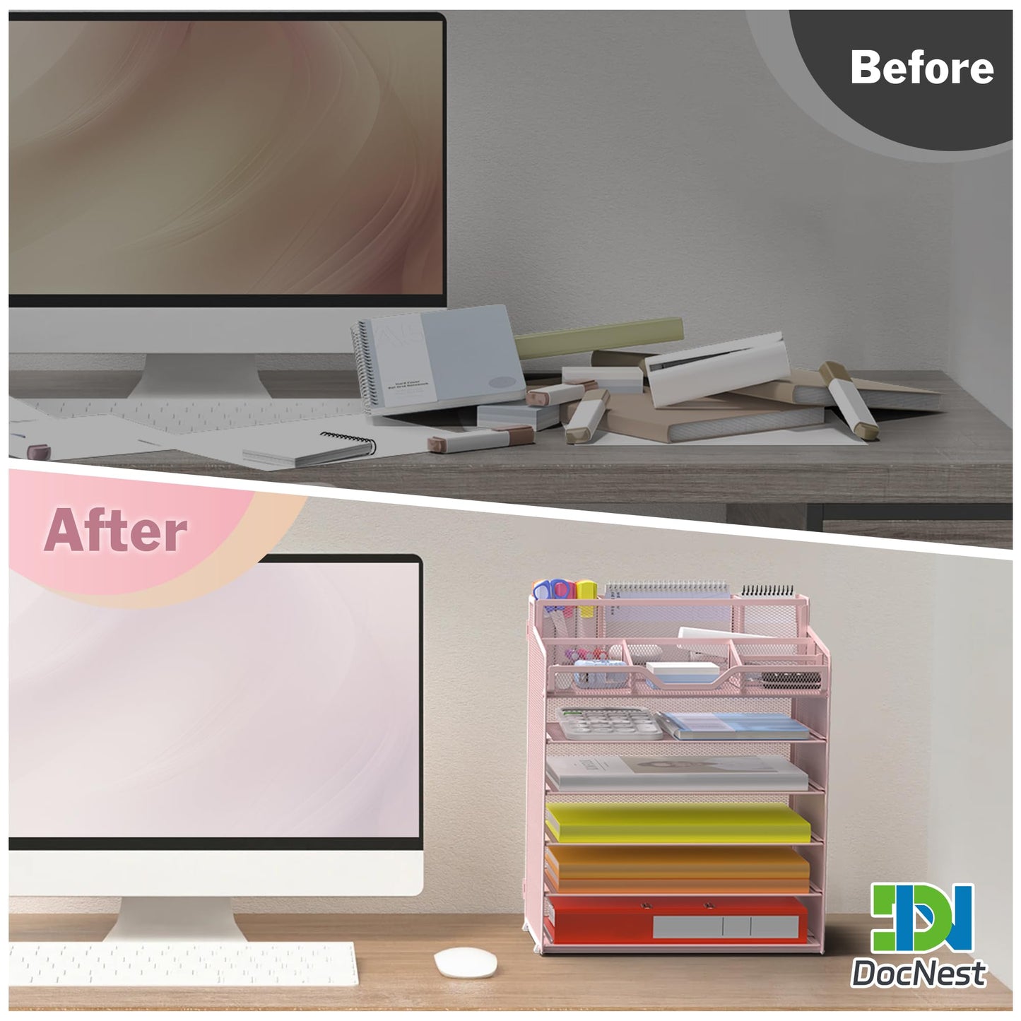 Docnest 6 Tier Mesh Desk Organizer with Letter Tray & Paper Sorter, Pink