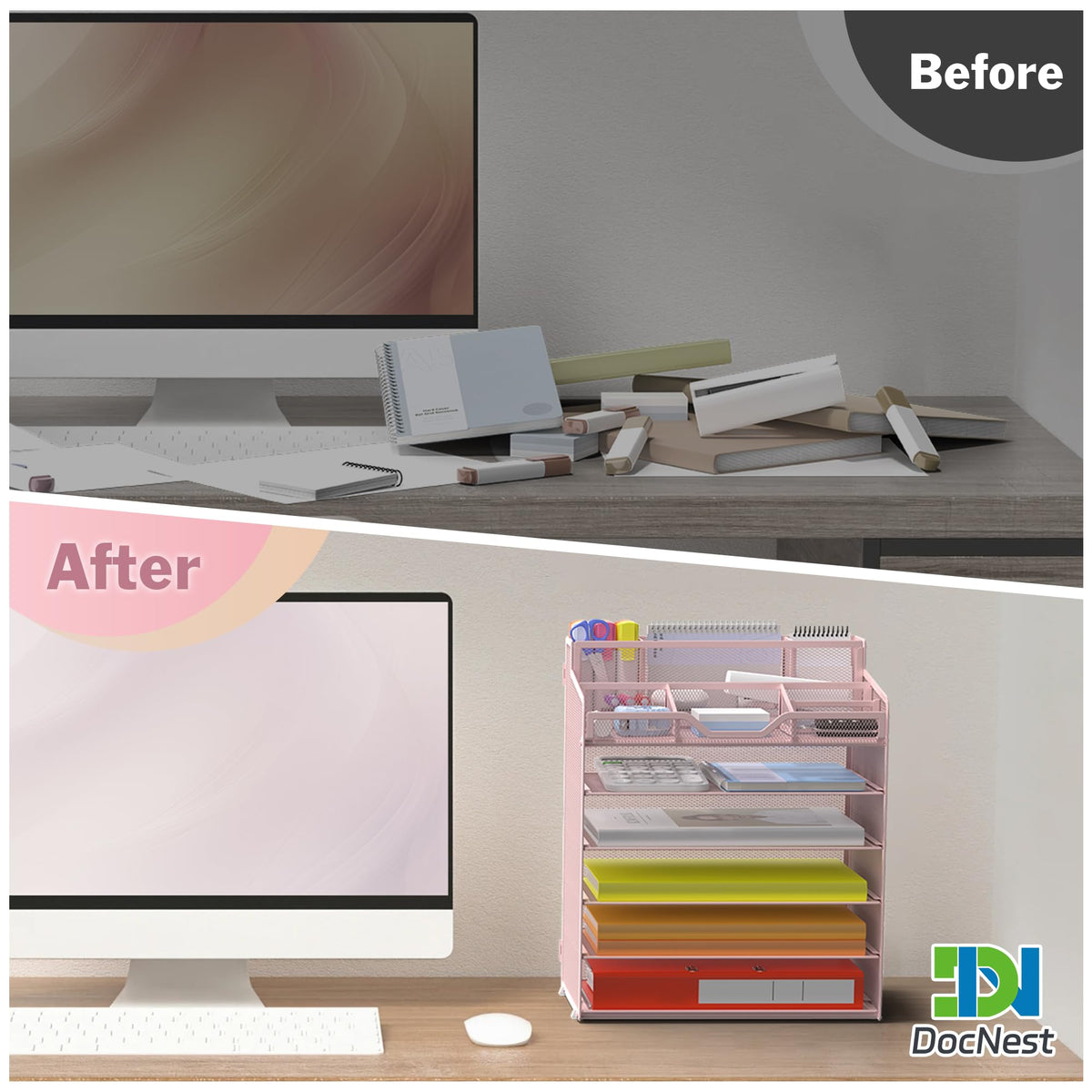 Docnest 6 Tier Mesh Desk Organizer with Letter Tray & Paper Sorter, Pink