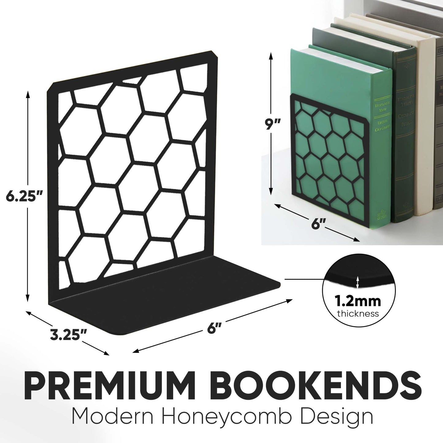GEOMOD Premium Geometric Black Honeycomb Bookends for Shelves, Metal Book Ends Office, L-Shaped