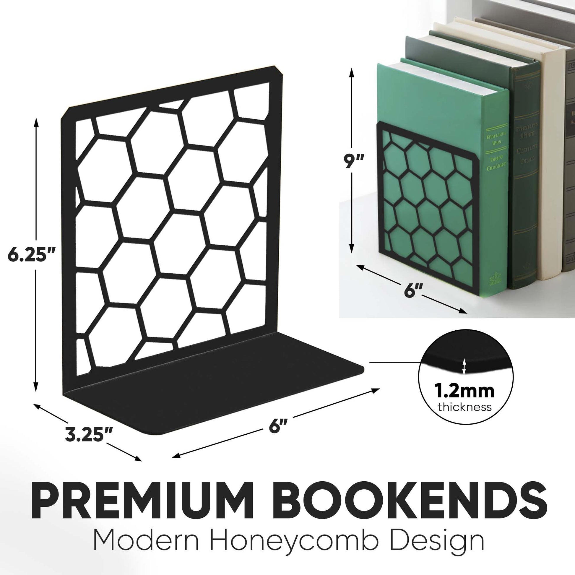 GEOMOD Premium Geometric Black Honeycomb Bookends for Shelves, Metal Book Ends Office, L-Shaped