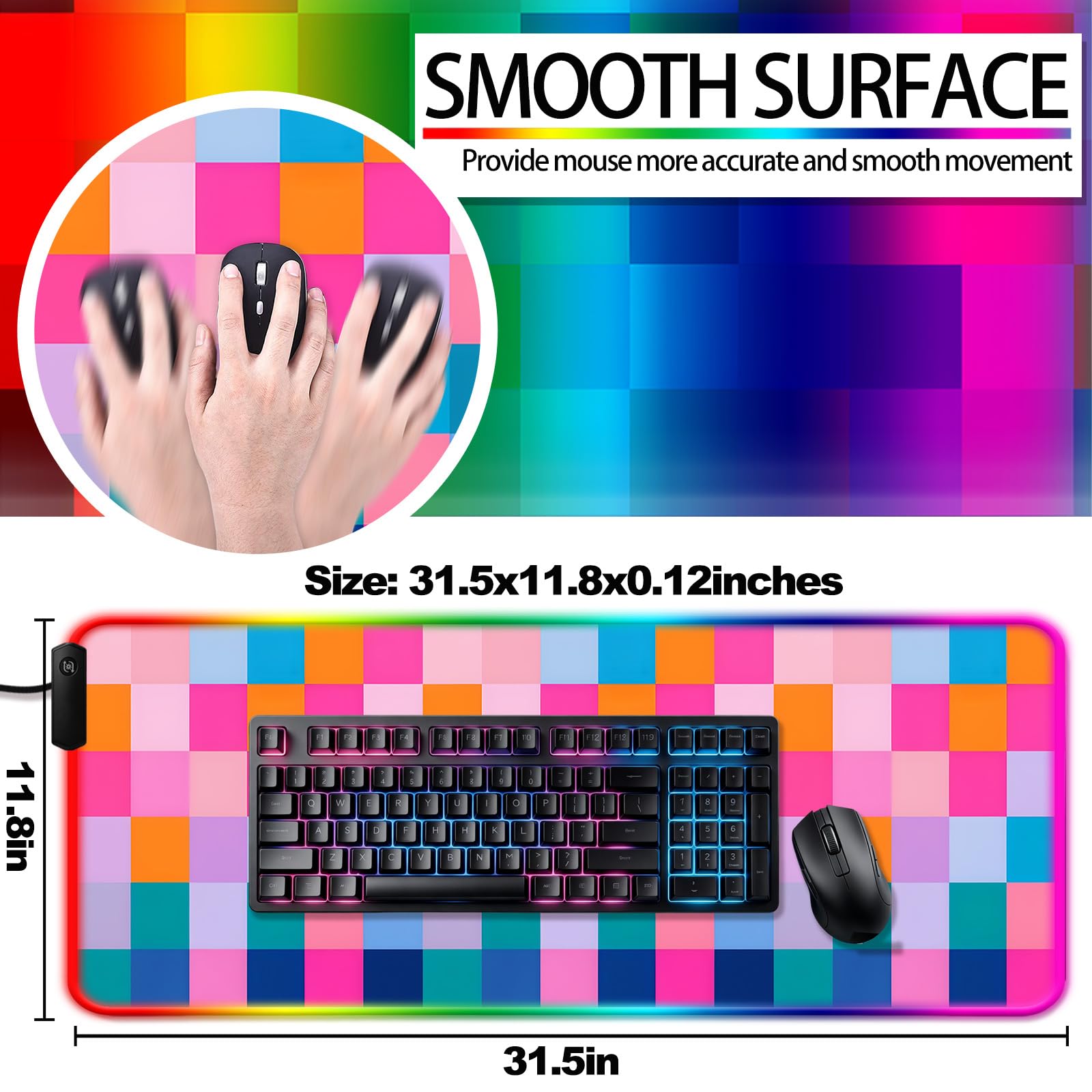 JIANG100 RGB Vibrant Multicolor Checkered Gaming Desk Mat & Mouse Pad, XL