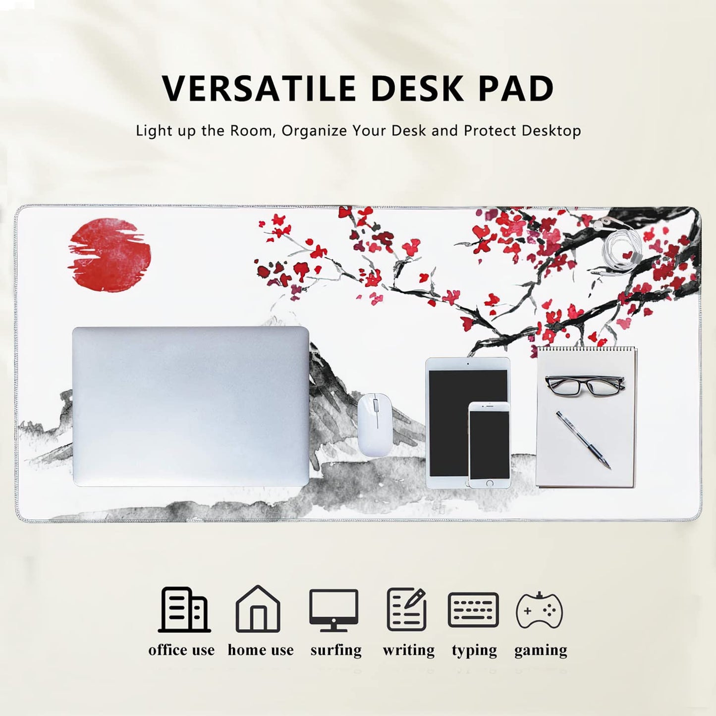 Japan Traditional Sumi-e Painting Extended Gaming Mouse Pad Large Desk Mat with Non-Slip Rubber