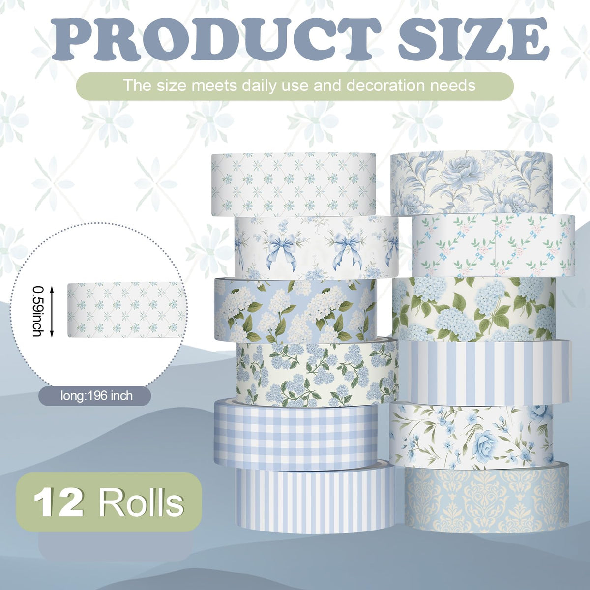 YooNotee 12 Rolls Floral Washi Tape Set,Dusty Blue,Rose and Hydrangea