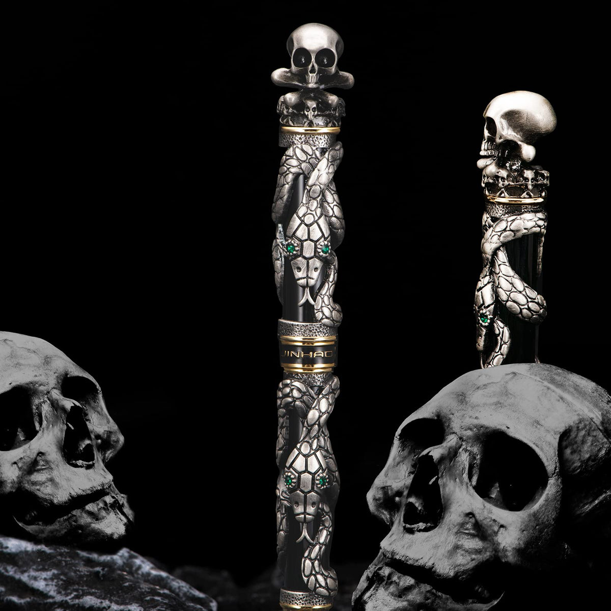 Jinhao Black Snake Fountain Pen Extra Fine Nib Retro Style with Skull Head Solid Metal and Paper