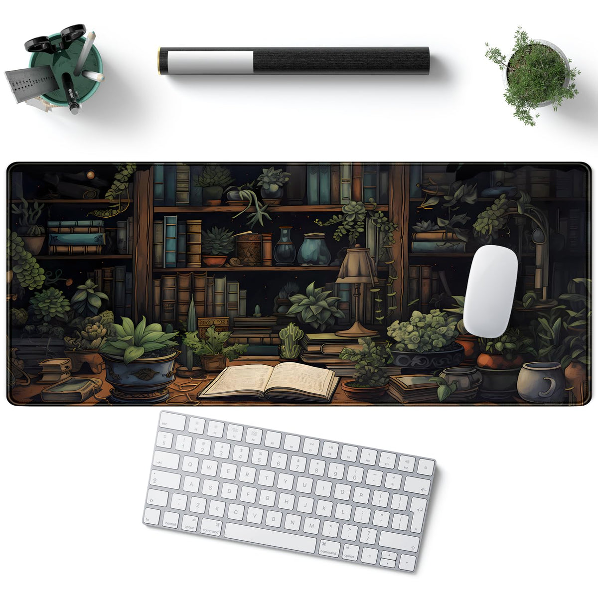 Desk Mat Green Bonsai Library Book Mouse Pad Big Vintage Aesthetic Desk Pad Flower Plant Extended