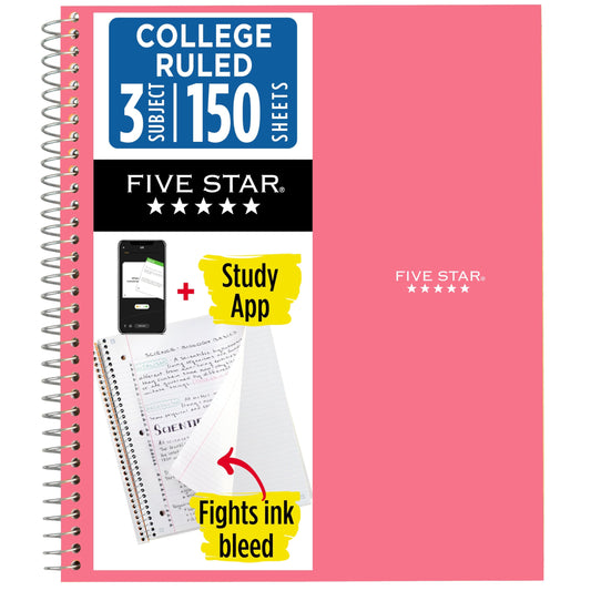 Five Star Spiral Notebook + Study App, 3 Subject, College Ruled Paper, 8-1/2" x 11", 150 Sheets