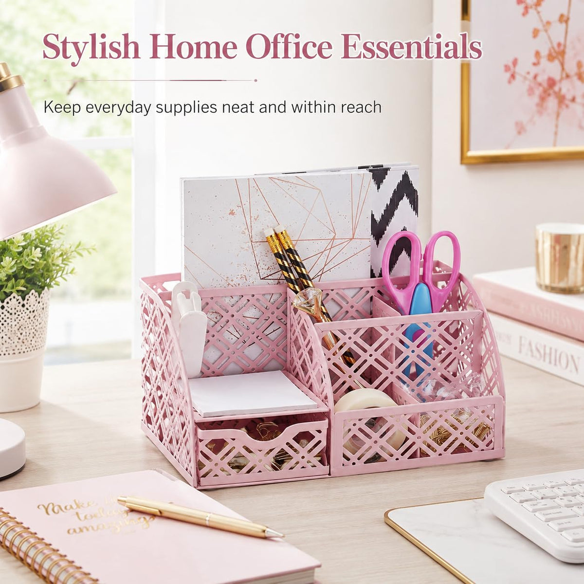 Exerz Mesh Metal Desk Organizer with 7 Compartments and Drawer Light Pink