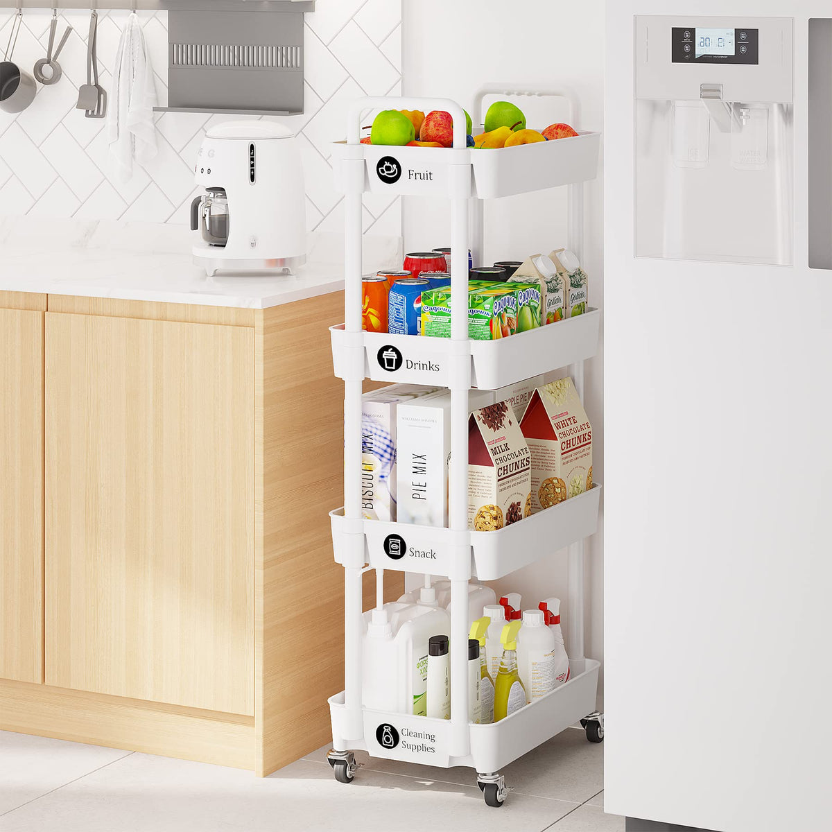 4 Tier Rolling Cart with Wheels, Utility Storage Carts,White