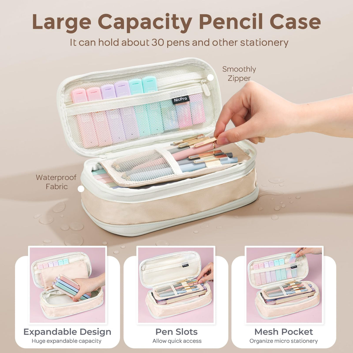 Nicpro School Supplies Stationary Set with Pencil Case, 39 PCS Cream