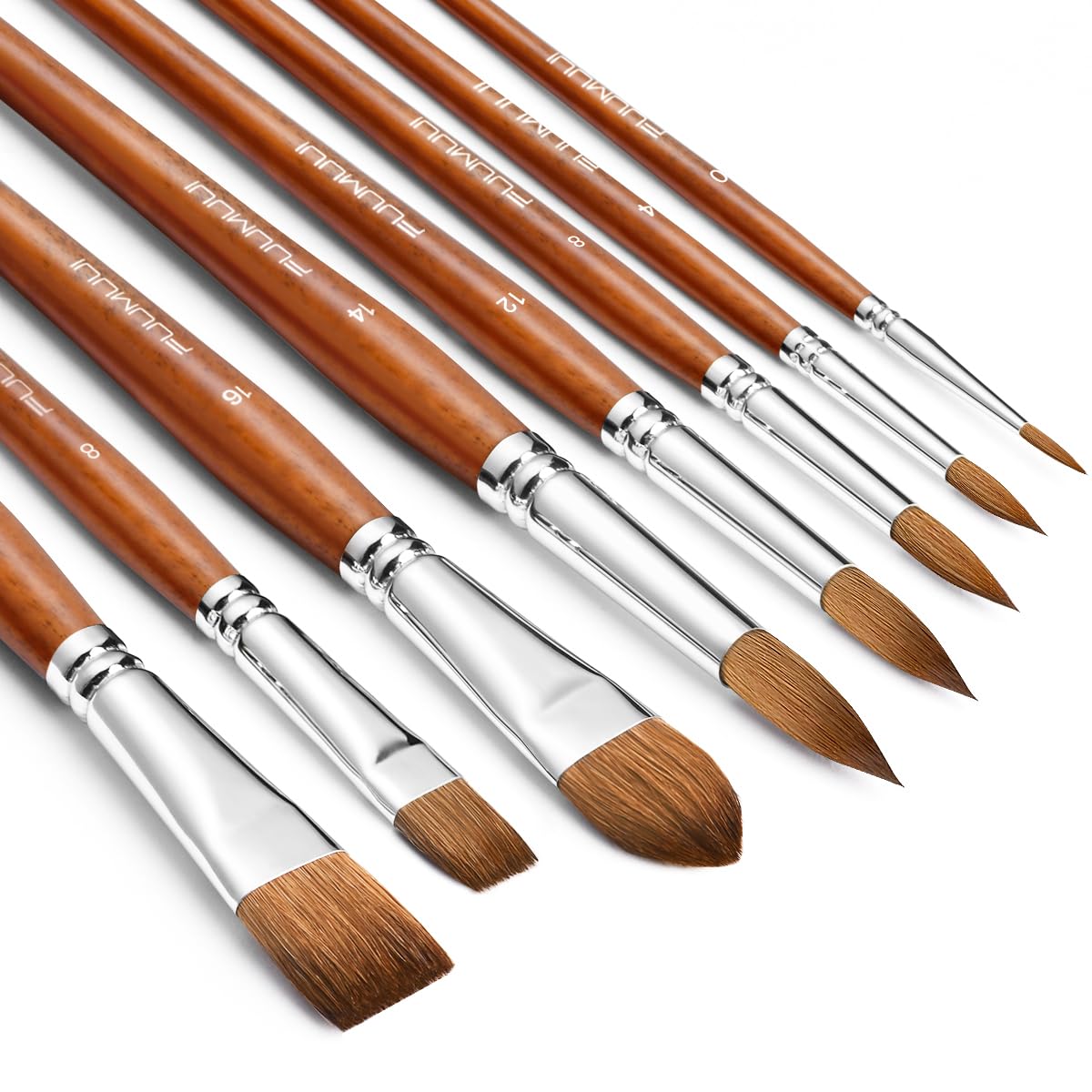 Sable Watercolor Brushes Professional, Fuumuui 8Pcs Sable Brush Set Variety Shapes with Flat, Round
