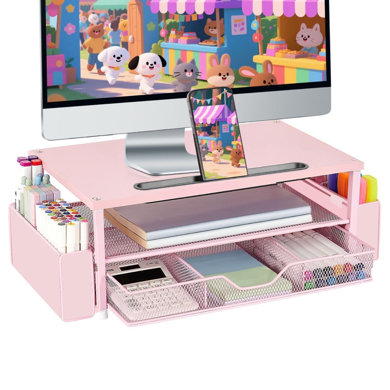 AUPSEN Pink Desk Organizers and Accessories, 2-Tier Wood Computer Monitor Stand with Drawer, Pen