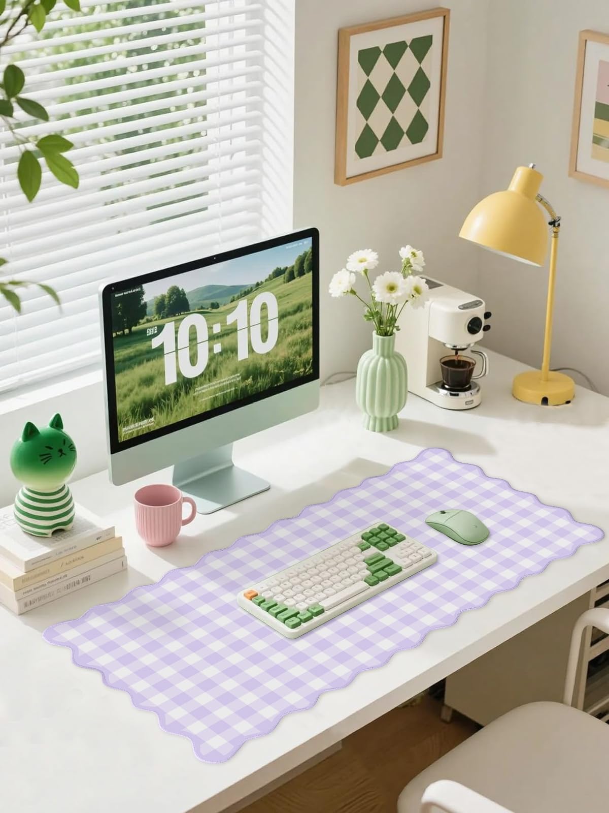 Light Purple Scalloped‌ Checkered Gingham Desk Mat Cute Pastel Large Mouse Pad Kawaii Cottagecore