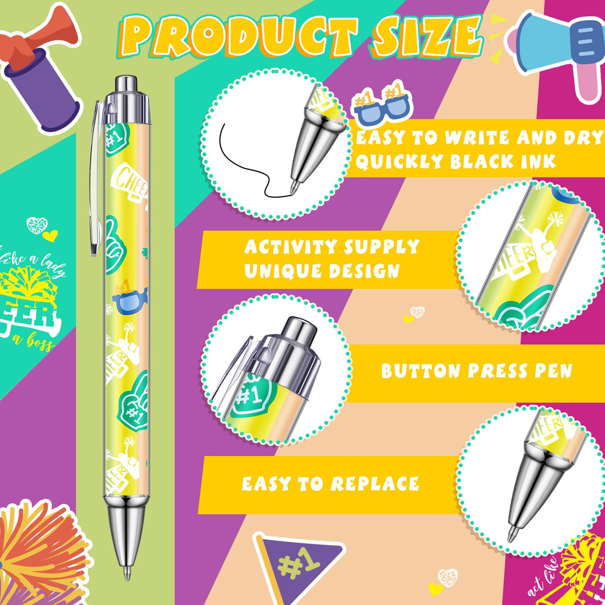 Weekgrat 48 Pcs Cheerleader Ballpoint Pens Cheerleader Gifts Black Ink Retractable Ballpoint Pens