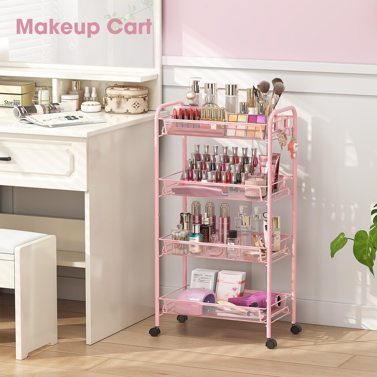 TOOLF 4 Tier Rolling Cart, Metal Utility Storage Cart with Wheels, Pink