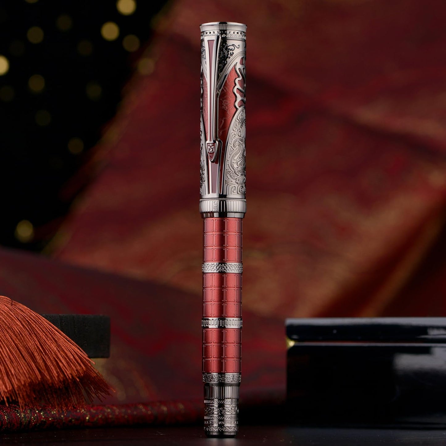 Hongdian D5X Fountain Pen Fine Nib Red Color, Qin Dynasty Retro Chinese Totem Engraving Smooth