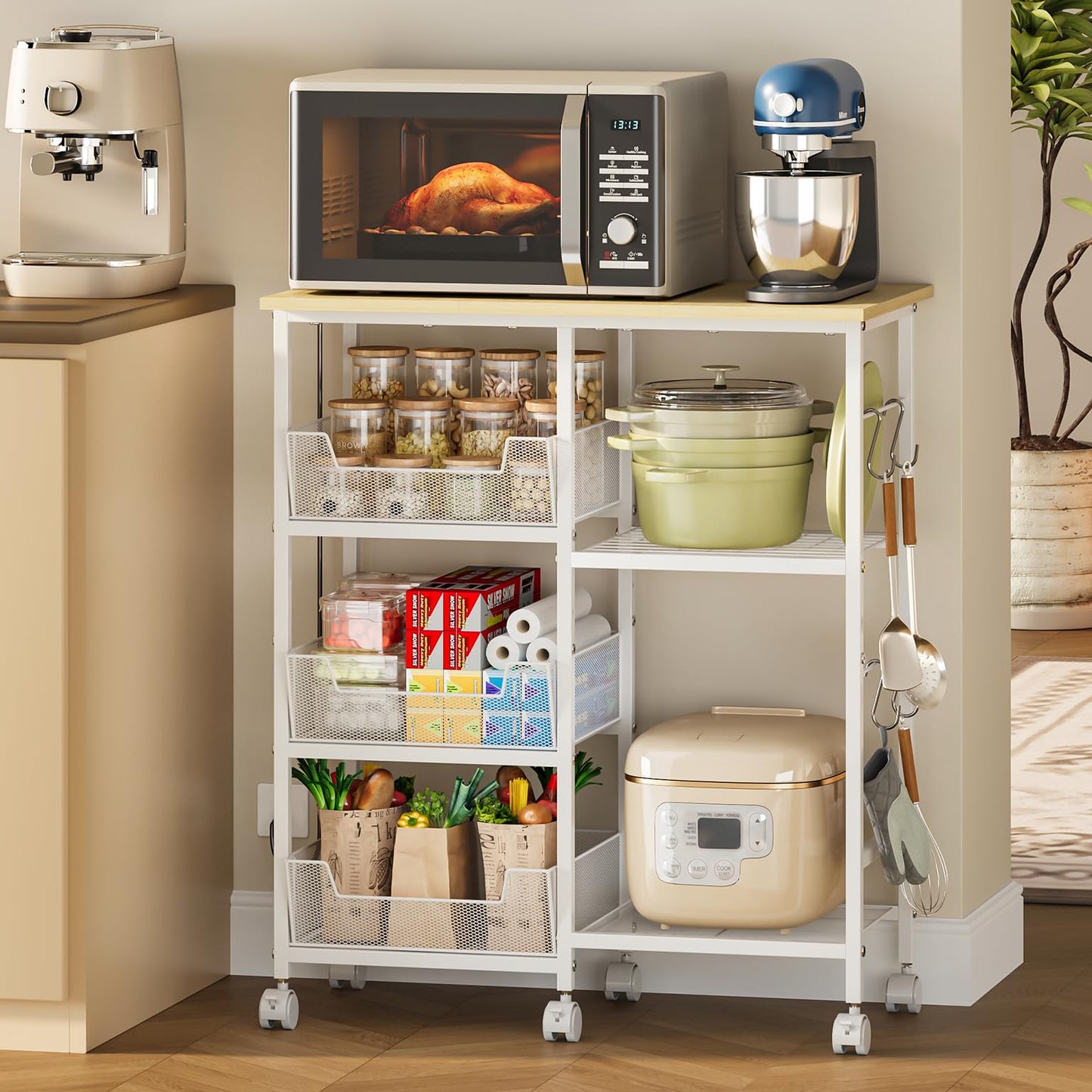 Rolling Kitchen Microwave Organizer Cart, Adjustable Shelves, White
