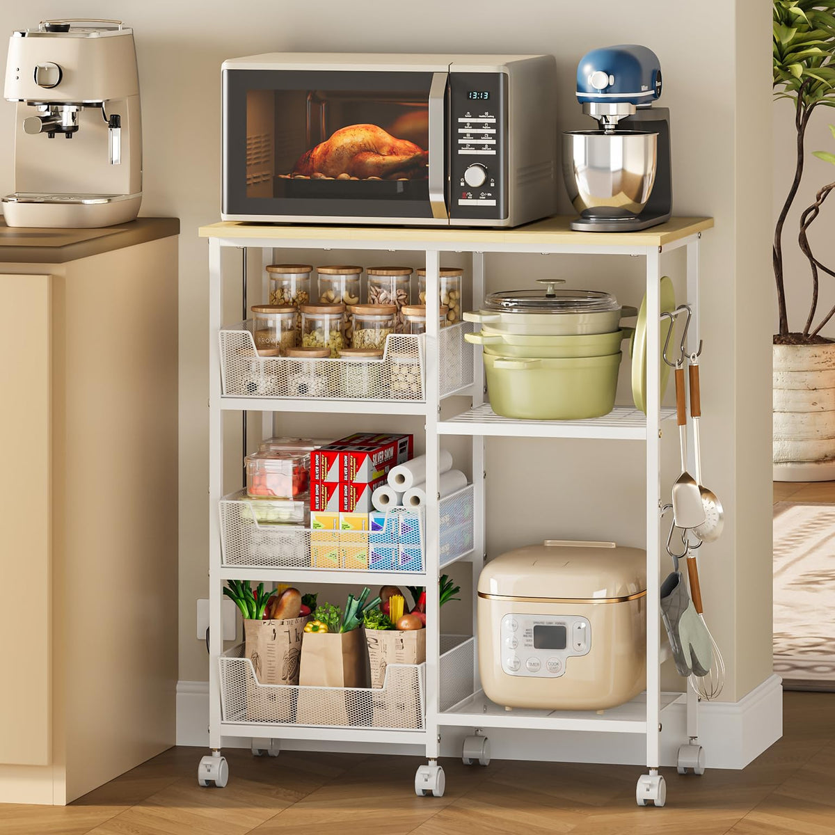 Rolling Kitchen Microwave Organizer Cart, Adjustable Shelves, White