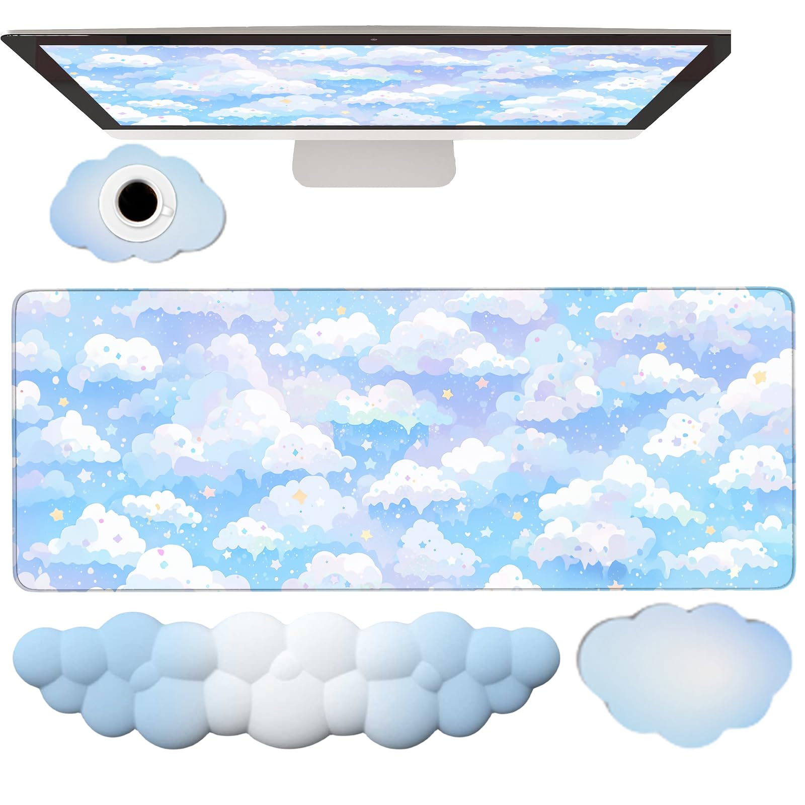 Blue Cloud Mouse Pad and Keyboard Wrist Rest 4PCS Extended Large Stars Desk Mat Pad Set Memory Foam