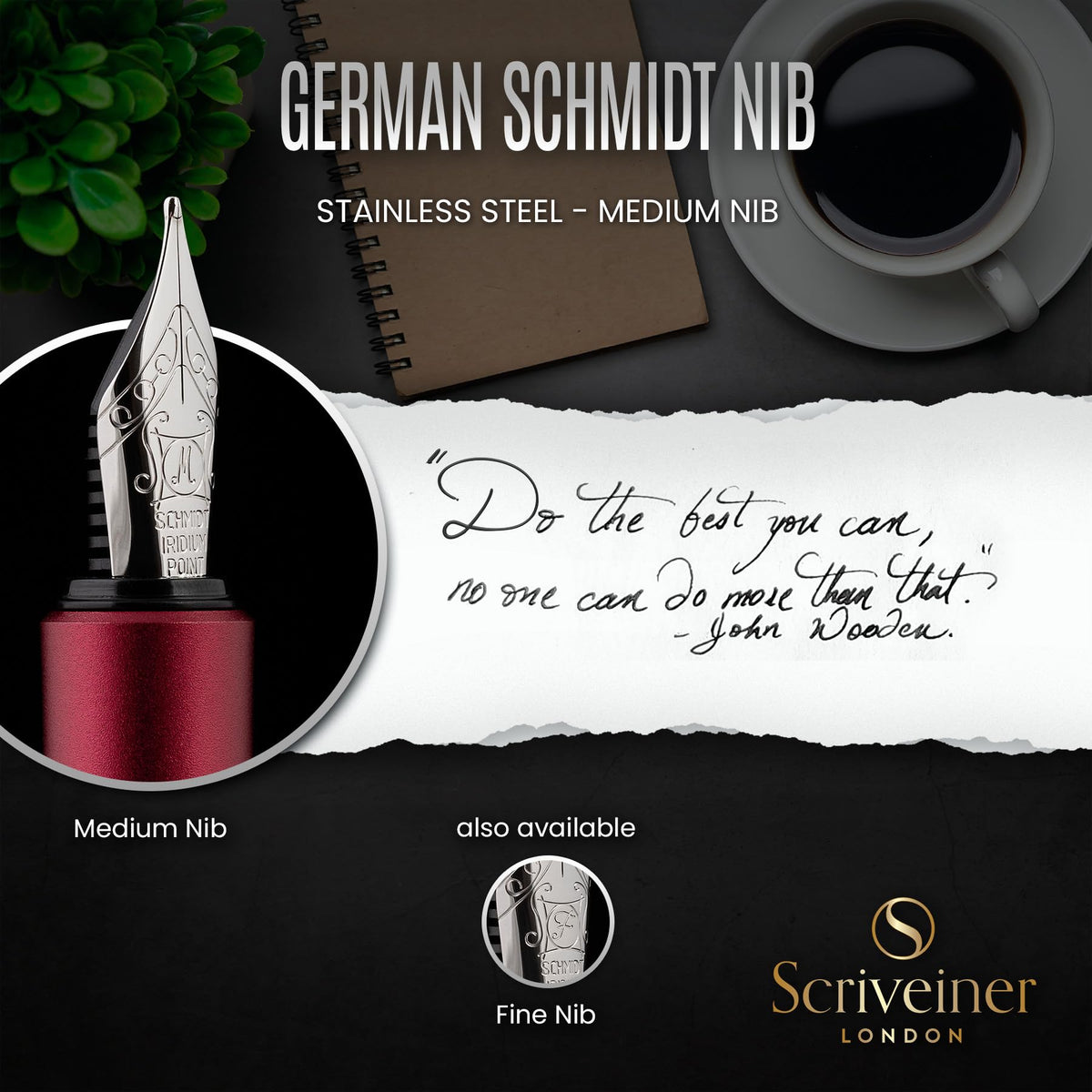 Scriveiner Luxury EDC Fountain Pen (Medium), Matt Red Pocket EDC with Chrome Finish, Schmidt German