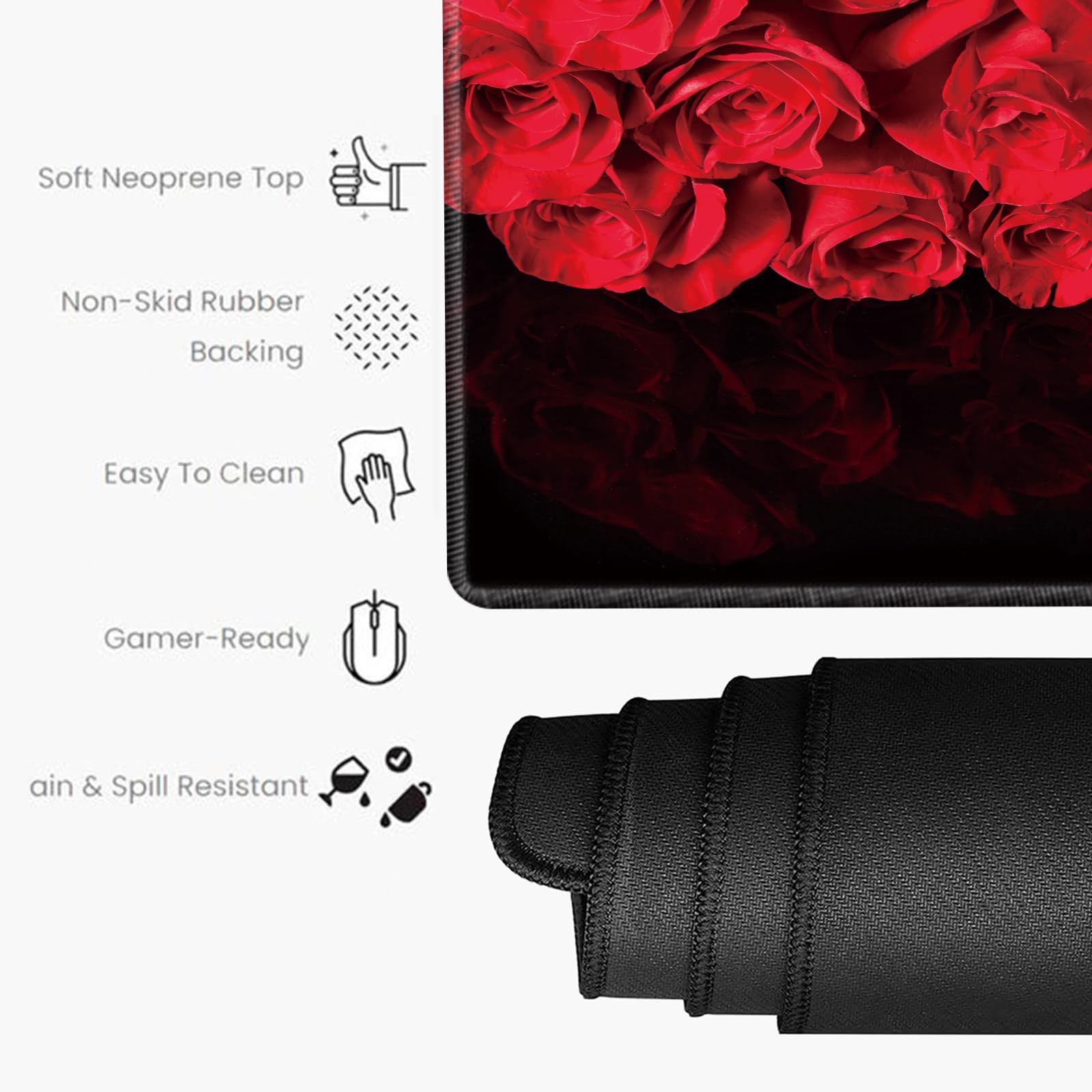 Red Roses Keyboard and Mouse Pad with Wrist Rest Large Mousepad XXL Desk Mat Set 31.5" x 15.75"