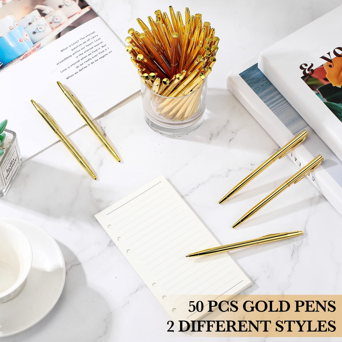 Fuutreo 50 Pack Gold Pens Bulk Metal Slim Ballpoint Retractable Black Ink