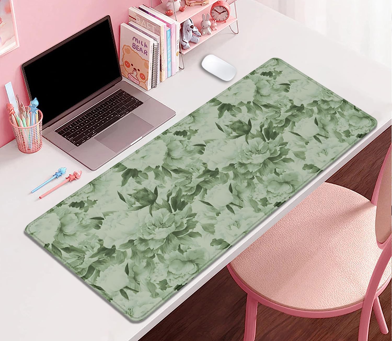 Sage Green Floral Desk Pad Extended Mouse Pad,Large Gaming Floral Mouse Mat with Stitched
