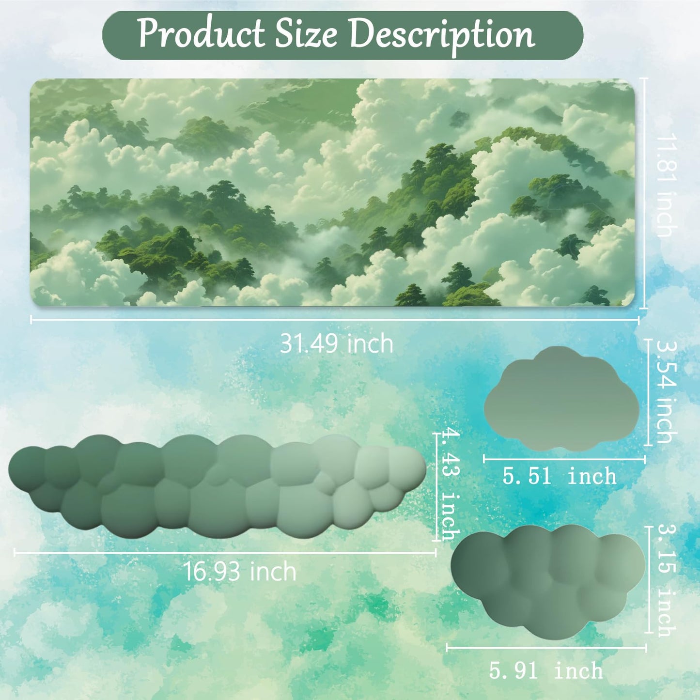 Green Cloud Mouse Pad and Keyboard Wrist Rest 4PCS Extended Forest Mountain Aesthetic Large Desk