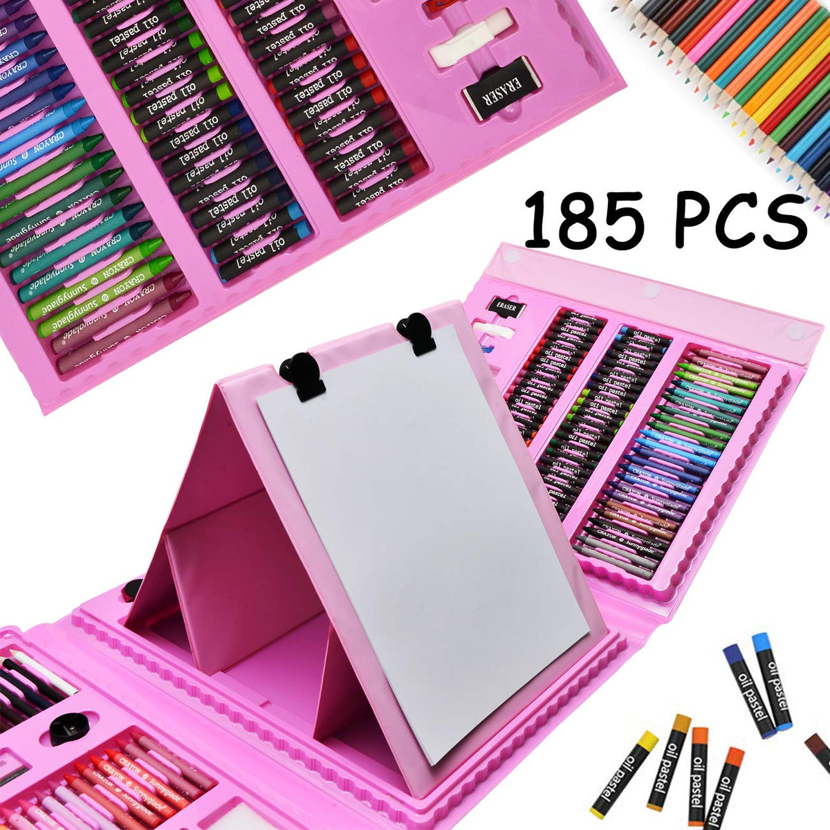 Sunnyglade 185 Pieces Double Sided Trifold Easel Art Set Art Supplies Pink