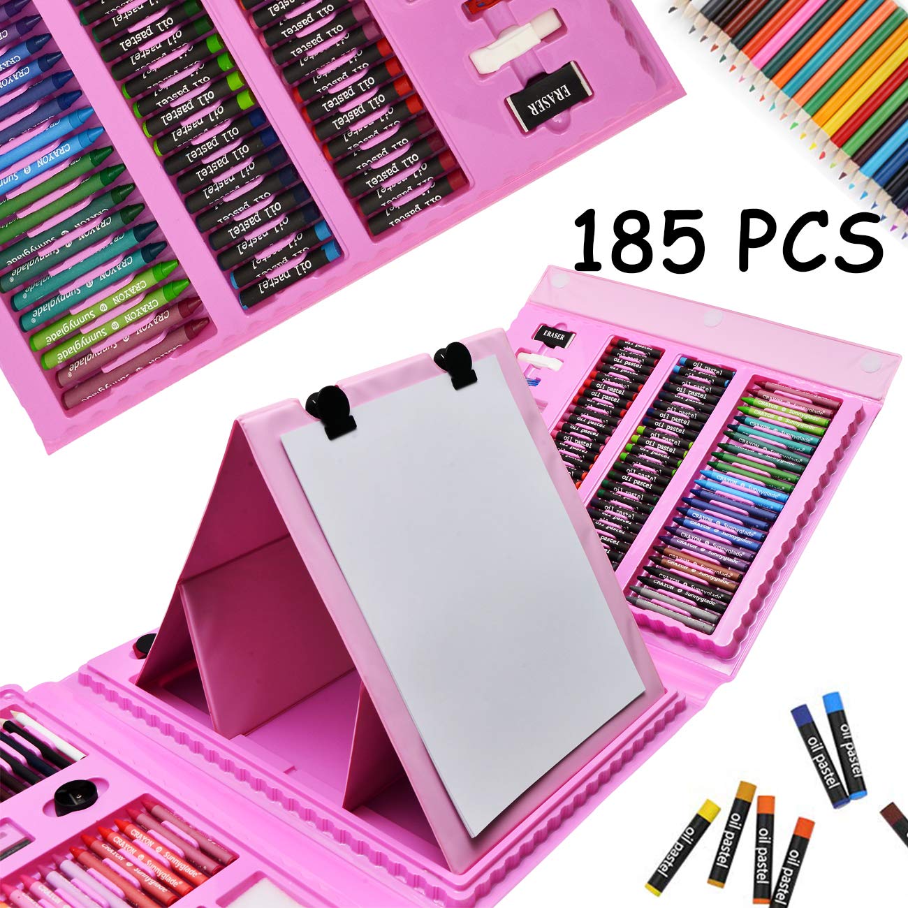 Sunnyglade 185 Pieces Double Sided Trifold Easel Art Set Art Supplies Pink