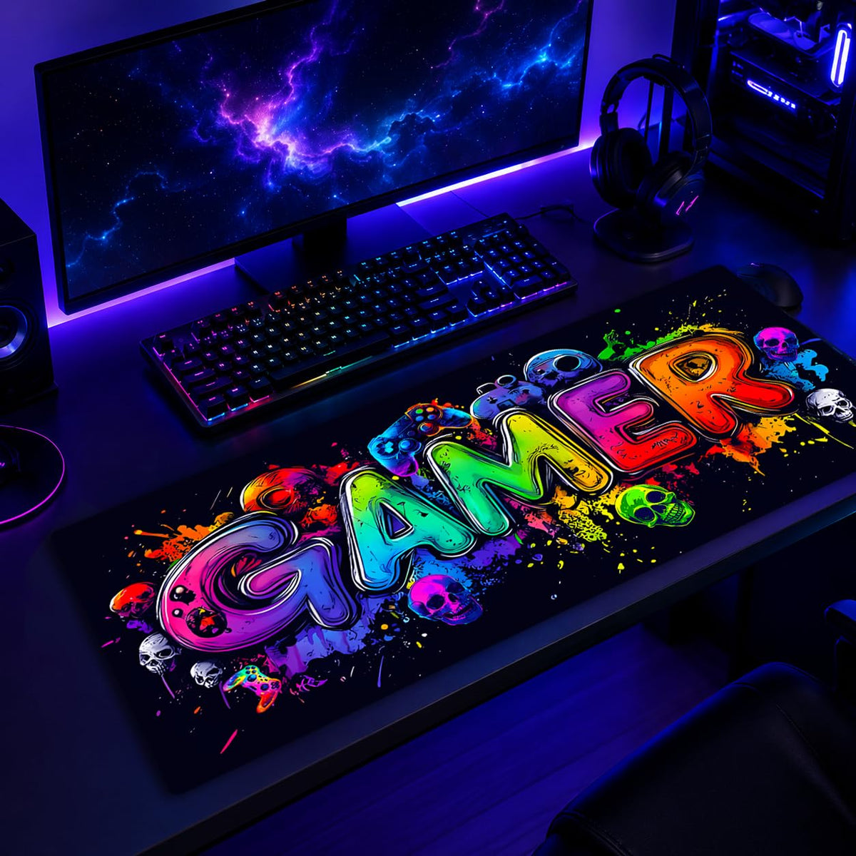 SparkLia Gamer Blacklight Mouse Pad – UV Reactive Neon Gaming Desk Mat with Skull Design