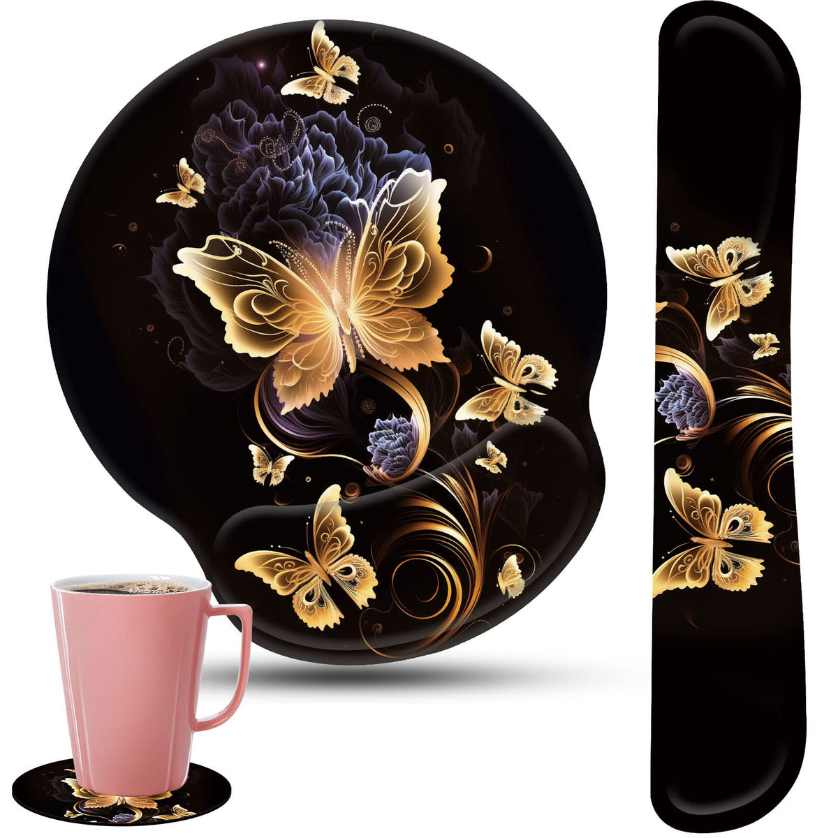 Keyboard Wrist Rest and Mouse Pad Wrist Support Set with Coffee Coaster, Non-Slip PU Base for