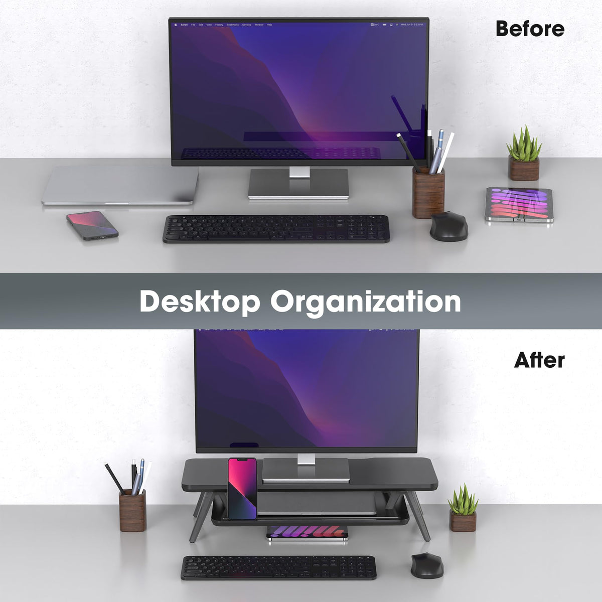 Fenge Monitor Stand Riser, Wooden Desk Shelf with 2-Tier Storage