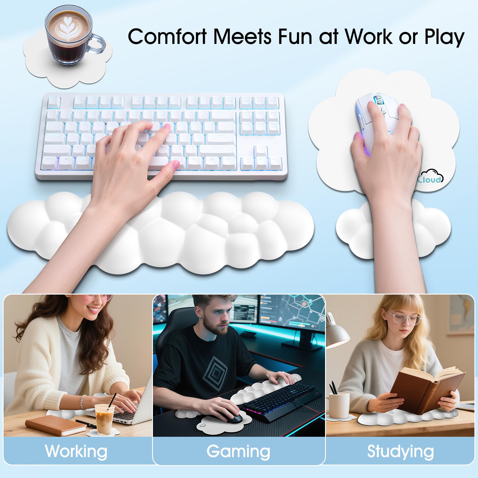 Retuhapy Cloud Wrist Rest Keyboard Cushion and Cloud Mouse Pad, White