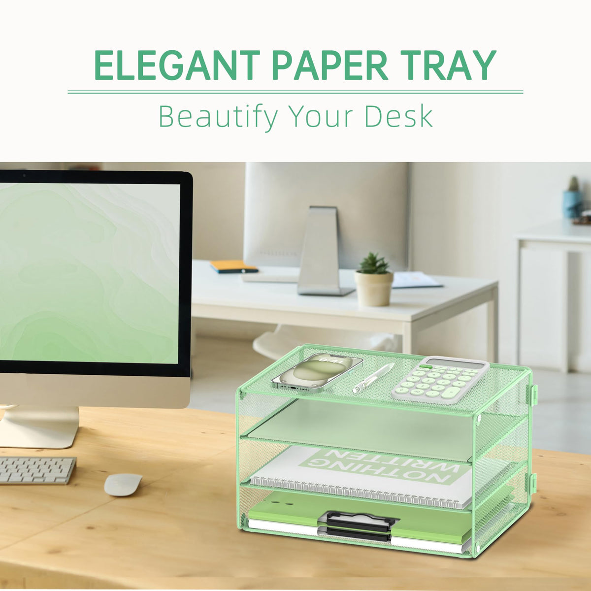 DALTACK 3 Tier Letter Tray Paper Organizer with Sliding Trays Mint Green