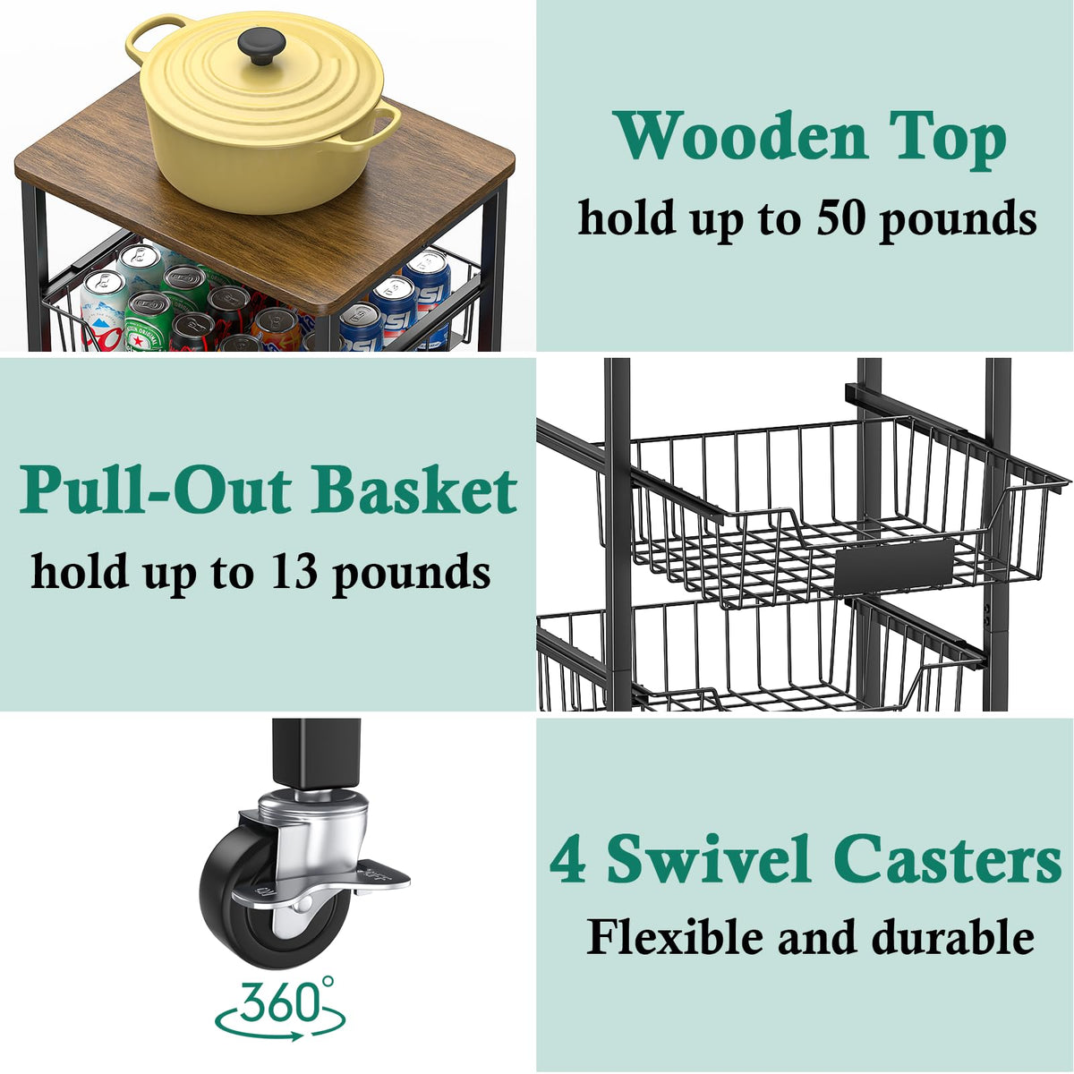 XYZLVSI 4 Tier Rolling Kitchen Cart Fruit Vegetable Storage Basket Rack