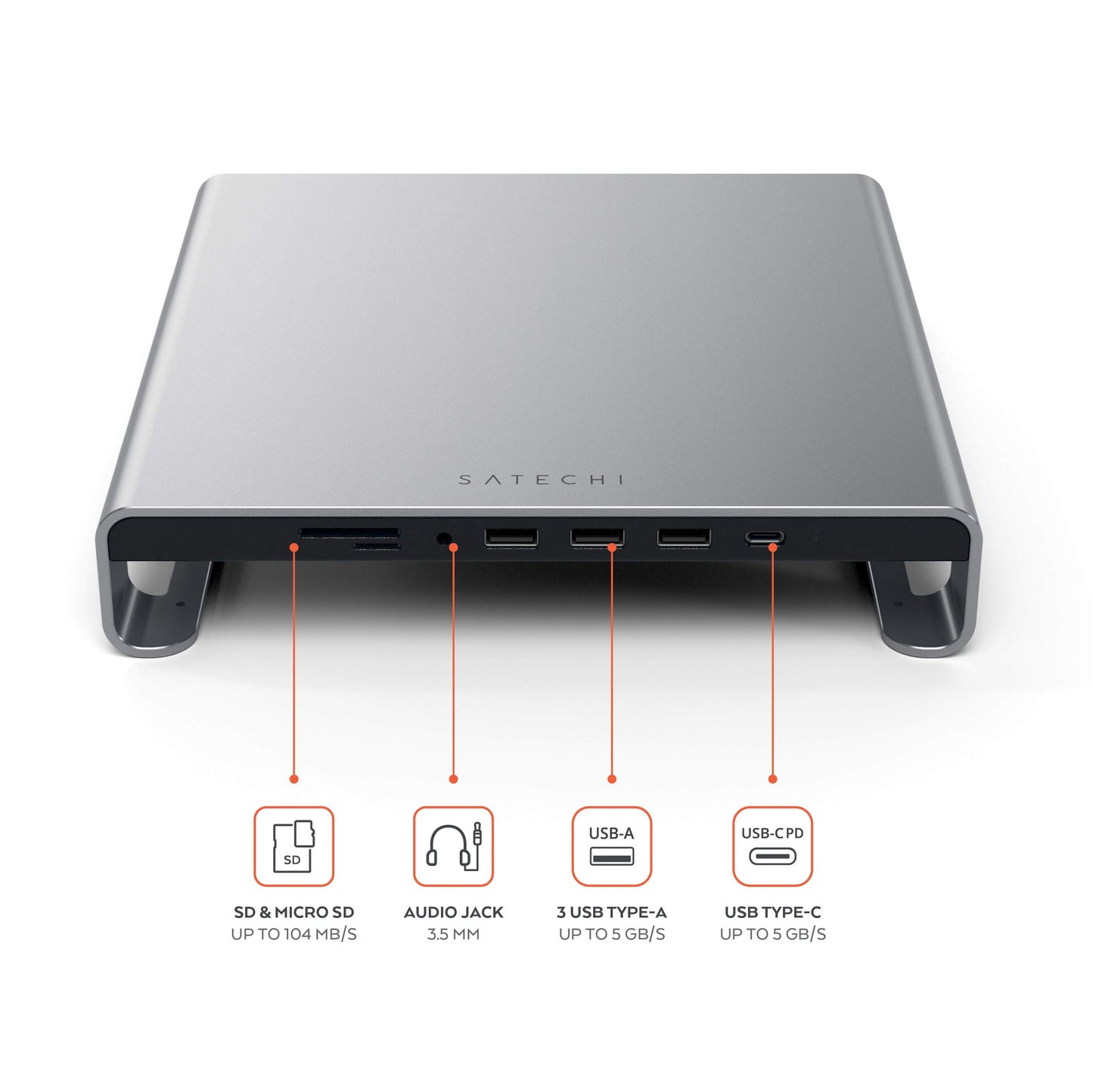 SATECHI Type-C Aluminum Monitor Stand Hub with USB-C Data, USB 3.0, Micro/SD Card Slots & 3.5mm